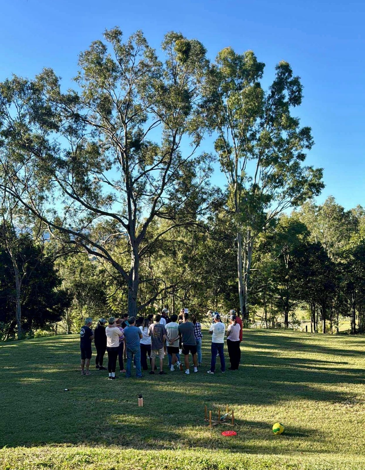 Group gathered under eucalyptus trees on the lawn